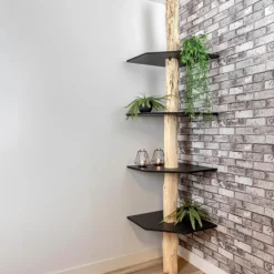 Baumstamm-Eckregal Tarik | Schwarze Böden | 250 cm