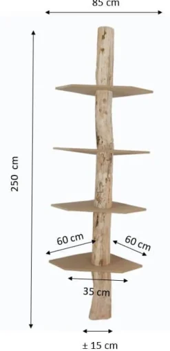 Baumstamm-Eckregal Tarik | Schwarze Böden | 250 cm