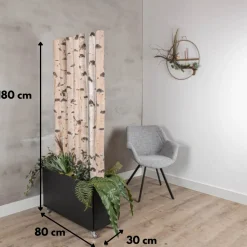 Birken-Raumteiler Svea | Mit schwarzem Kasten, Kunstpflanzen und Rollen | H180