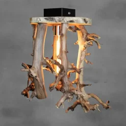 Deckenleuchte Holz mit entrindeten Birnenzweigen