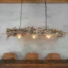 Esstischleuchte aus entrindeten Birnenästen mit Kette und 3 Lichtquellen