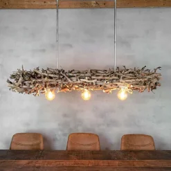 Esstischleuchte aus entrindeten Birnenästen mit Rahmen und 3 Lichtquellen