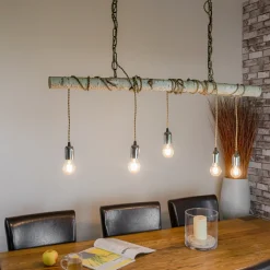 Hängeleuchte Birkenstamm mit Textilkabel in Beige