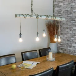 Hängeleuchte Birkenstamm mit Textilkabel in Beige