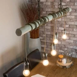 Hängeleuchte entrindeter Stamm mit Textilkabel in Beige