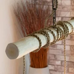 Hängeleuchte entrindeter Stamm mit Textilkabel in Beige