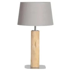 Tischleuchte aus Baumstamm mit Flachsstoff-Lampenschirm