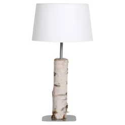 Tischleuchte aus einem Birkenstamm mit weißem Lampenschirm