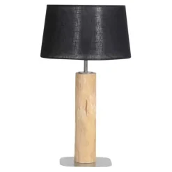 Tischleuchte aus entrindetem Baumstamm mit schwarzem Lampenschirm