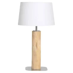 Tischleuchte aus entrindetem Baumstamm mit weißer Lampenschirm