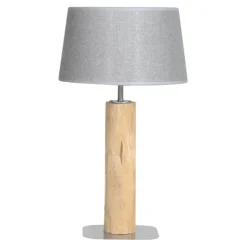 Tischleuchte aus entrindetem Baumstamm mit weißer Lampenschirm