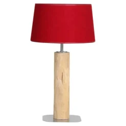 Tischleuchte aus entrindetem Baumstamm mit weißer Lampenschirm