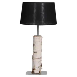 Tischleuchte Birkenstamm mit schwarzem Lampenschirm