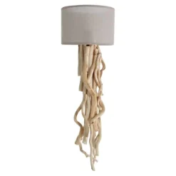 Wandleuchte aus entrindeten Ästen mit Flachsstoff Lampenschirm